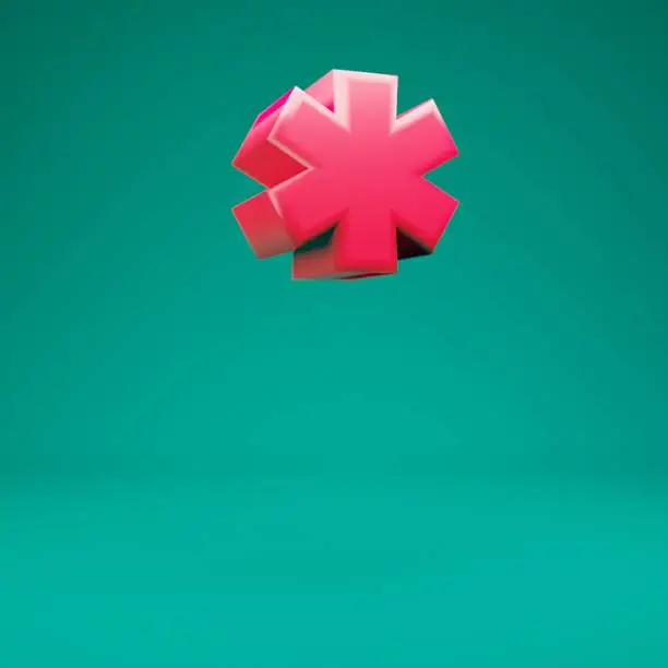 Pink 3d asterisk symbol on mint background. 3D rendering. Best for anniversary, birthday party, celebration.