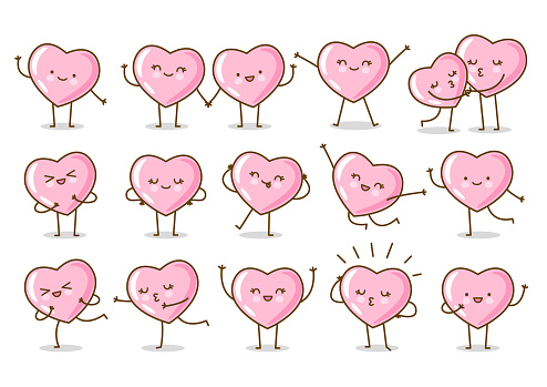 Set of kawaii pink hearts isolated on white background. Vector characters for Valentines day cute design. Heart shaped emoji with arms and legs