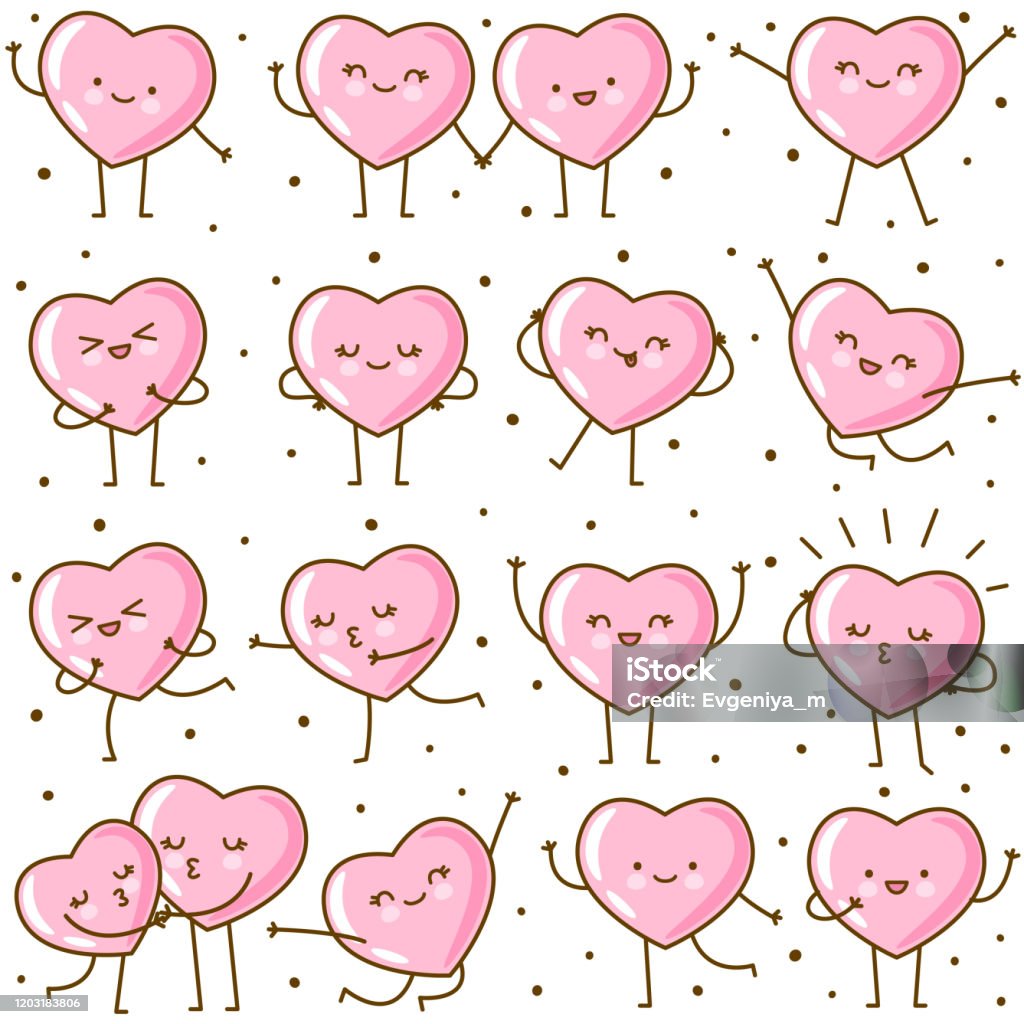 Seamless Pattern With Kawaii Pink Hearts Isolated On White Background With  Dots Vector Cute Wallpaper For Valentines Day Design Stock Illustration -  Download Image Now - iStock