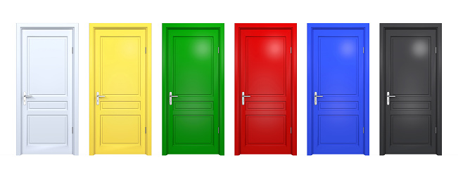 Set of black, blue, red, green, yellow doors isolated on white. Front 3D render of closed and open doorway in different color