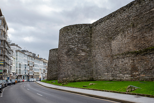 Lugo, Galicia, Spain; November 2019: The Roman wall of Lugo surrounds the historic center of the Galician city of Lugo in the province of the same name in Spain