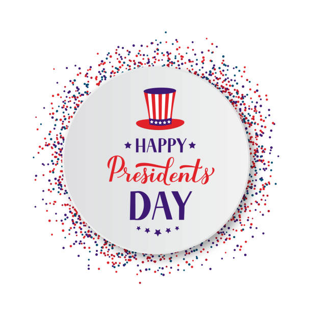 Happy Presidents Day calligraphy lettering on white paper plate with red and blue confetti. Easy to edit vector template for logo design, typography poster banner, greeting card, postcard, flyer. Happy Presidents Day calligraphy lettering on white paper plate with red and blue confetti. Easy to edit vector template for logo design, typography poster banner, greeting card, postcard, flyer. presidents day logo stock illustrations