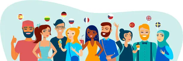 Vector illustration of Group of  students speaking different languages