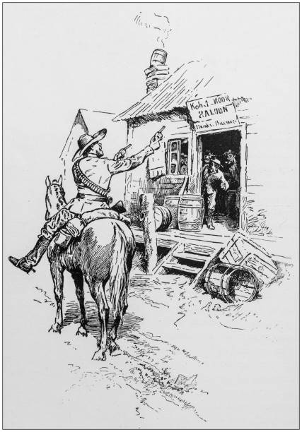 빈티지 일러스트: 카우보이 에 와일드 웨스트 - illustration and painting animal cowboy horse stock illustrations