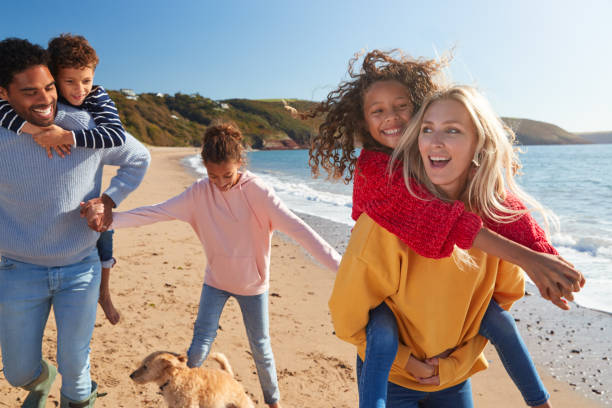 eltern geben kindern piggybacks, wie sie entlang winter strand zusammen gehen - child discovery outdoors playing stock-fotos und bilder