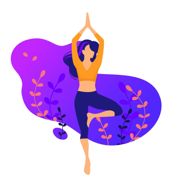 Yoga asanas. Sports yoga illustration with young girls in gradient flat style. Healthy and wellness lifestyle. Young people doing yoga, barre, fitness exercises, meditation. Design good for web - Vector Illustrations for beauty, spa, wellness, natural products, cosmetics, body care, fitness, yoga studios. isolated on plant background. Flat illustration concepts for website and mobile website development. balance silhouettes stock illustrations