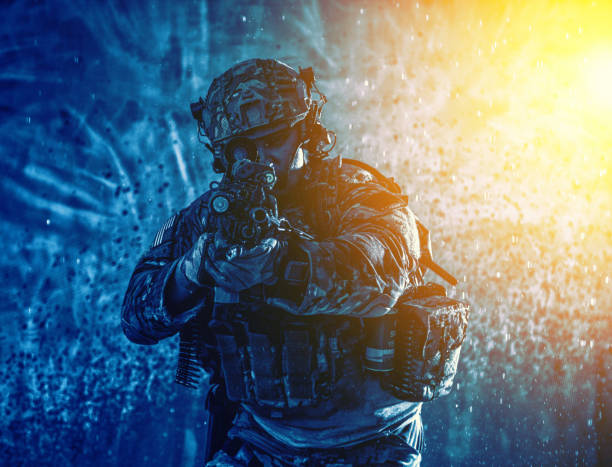 istock Marine riders machine gunner landing on coast 1203186861