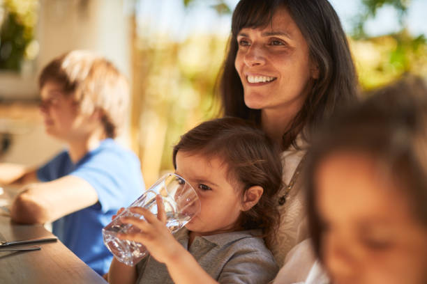 istock Mother sitting at the table with her little at her lap. 1203187565