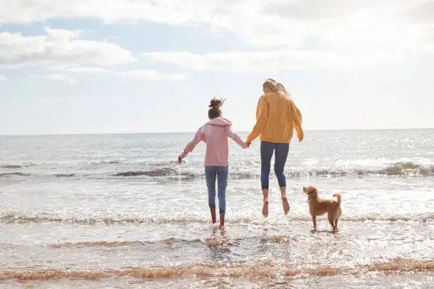 Photo of Mother And Daughter Playing With Pet Dog In Waves On Beach Vacation