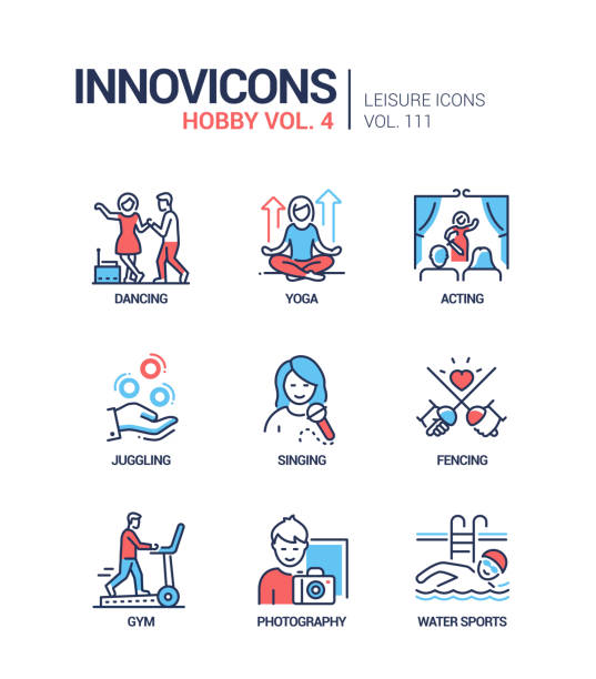 Hobby and activities - line design style icons set Hobby and activities - line design style icons set. Leisure, education and entertainment. Dancing, yoga and meditation, acting, juggling, singing, fencing, gym, photography, water sports images swimming icons stock illustrations