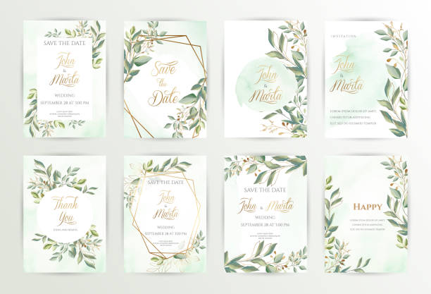 aquarell hochzeit set. eps10 - gold leaf stock-grafiken, -clipart, -cartoons und -symbole