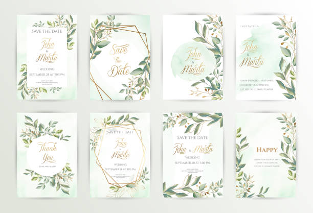 Watercolor wedding set. eps10 Watercolor wedding set. Set of card with leaves and golden geometric frame. Design with forest green leaves, eucalyptus, fern. Floral Trendy templates for banner, flyer, poster, greeting. eps10 marriage stock illustrations
