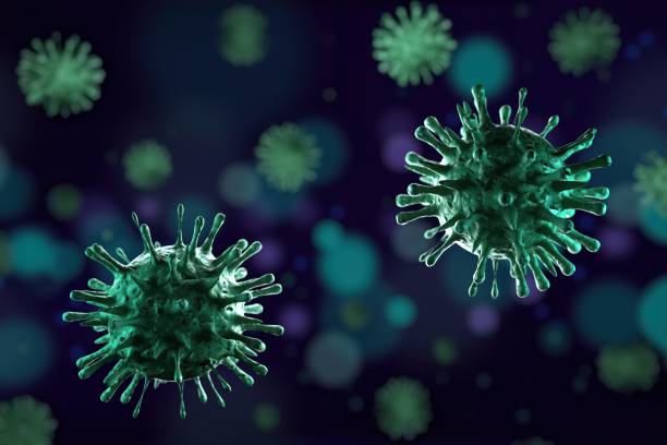 istock 3d illustration, close up of microscope Influenza Virus on blue background 1203191899