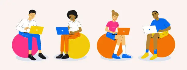 Vector illustration of People working on laptop together. Cartoon characters illustration set. Business freelancers sitting on puff seats. Software developers and graphic designers. Spending free time on social media.