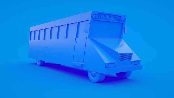 istock Cute cartoon low poly school bus 3d rendering, geometric scene on blue pastel background 1203192006