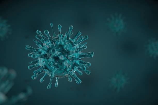 istock 3d illustration, close up of microscope Influenza Virus on blue background 1203192159