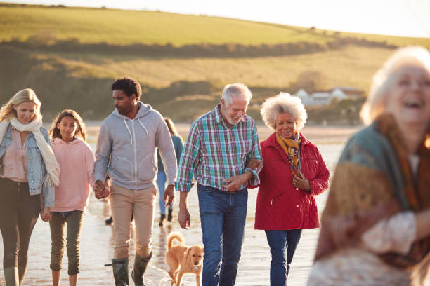 istock Active Multi-Generation Family With Dog Walking Along Shore On Winter Beach Vacation 1203193417