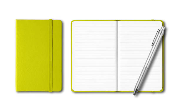 istock Lime green closed and open notebooks with a pen isolated on white 1203193451