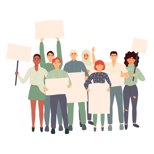 Crowd of protesting people holding banners and placards. Men and women taking part in political meeting, parade or rally. Group of male and female protesters or activists. Vector illustration. Crowd of protesting people holding banners and placards. Men and women taking part in political meeting, parade or rally. Group of male and female protesters or activists. Vector illustration. angry crowd stock illustrations