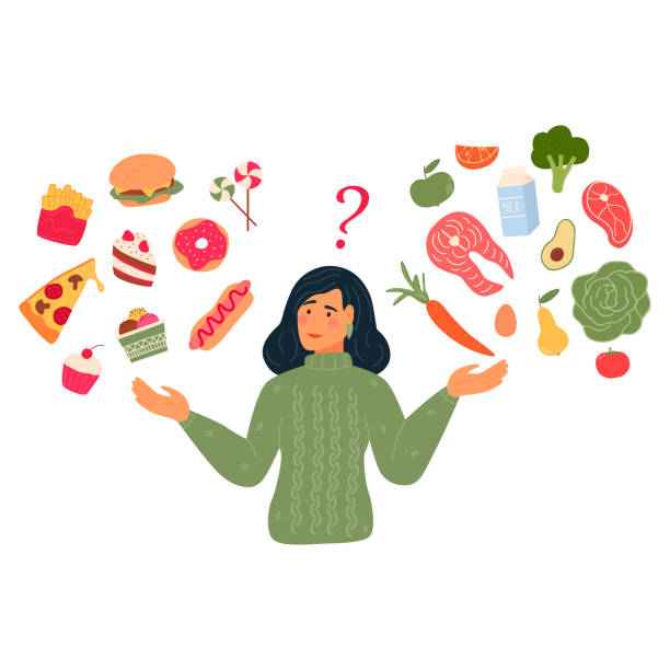 ilustrações de stock, clip art, desenhos animados e ícones de woman chooses between fast food and healthy live food. diet concept. flat vector illustration. - white background decisions contemplation choice