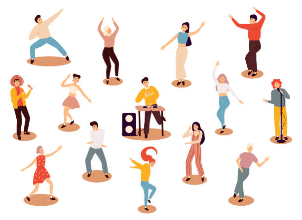 행복한 춤 사람들. 친구 댄스, 클럽 여성과 남성 댄서. 흥미 진진한 음악 파티, 디스코 댄스 친구 캐릭터 플랫 벡터 일러스트 - party women dancing focus on shadow stock illustrations