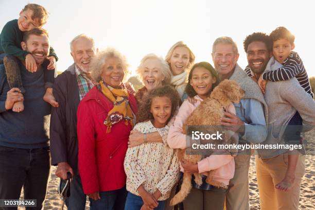 Portrait Of Multigeneration Family Group With Dog On Winter Beach Vacation Stock Photo - Download Image Now