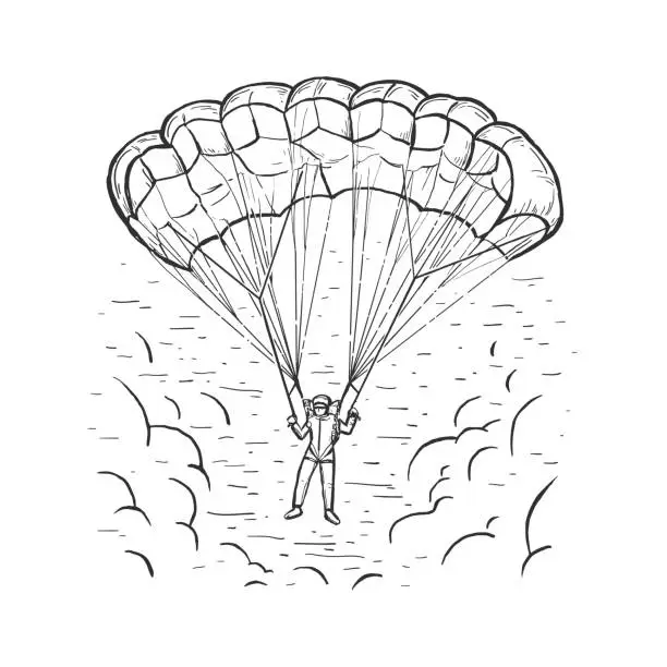 Vector illustration of Sketch vector color illustration with hand drawn skydiver flying with a parachute