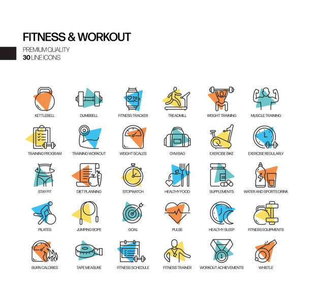 ilustrações de stock, clip art, desenhos animados e ícones de simple set of fitness and workout related spotlight vector line icons. outline symbol collection - kettle bell activity aerobics athlete