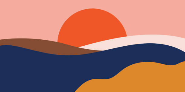 illustrations, cliparts, dessins animés et icônes de fond coloré avec le paysage, montagnes abstraites. contexte coloré abstrait avec des éléments ou des courbes dessinés à la main. illustration de vecteur créatrice - conception d'affiche. - courbe illustrations