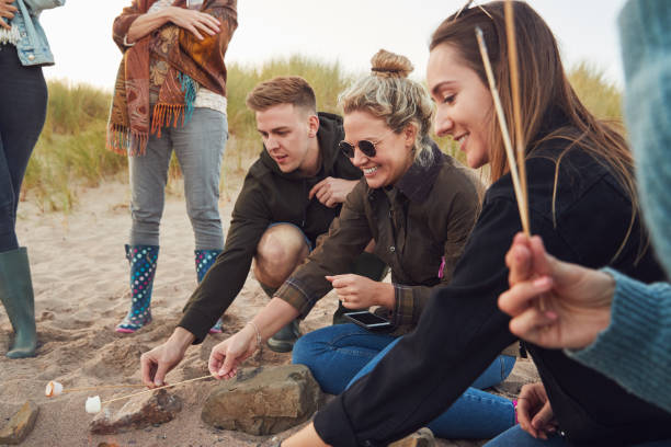 istock Group Of Young Friends Toasting Marshmallows Around Fire On  Beach Vacation 1203194983