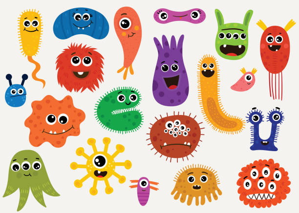 Cartoon set with different characters of microorganisms.Funny collection of bacterias, protists, microbes,viruses . Bright colored flat vector illustration isolated on background Cartoon set with different characters of microorganisms.Funny collection of bacterias, protists, microbes,viruses . Bright colored flat vector illustration isolated on background bacterial mat stock illustrations