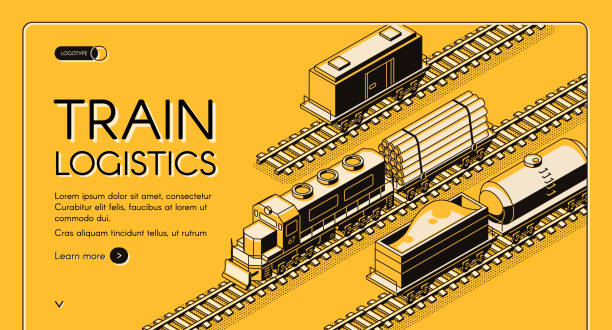 illustrazioni stock, clip art, cartoni animati e icone di tendenza di sito web vettoriale isometrico del servizio logistico ferroviario - diesel locomotive