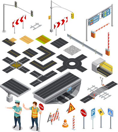 Set of isometric icons showing constructor elements of road sections with markings and traffic signposts vector illustration
