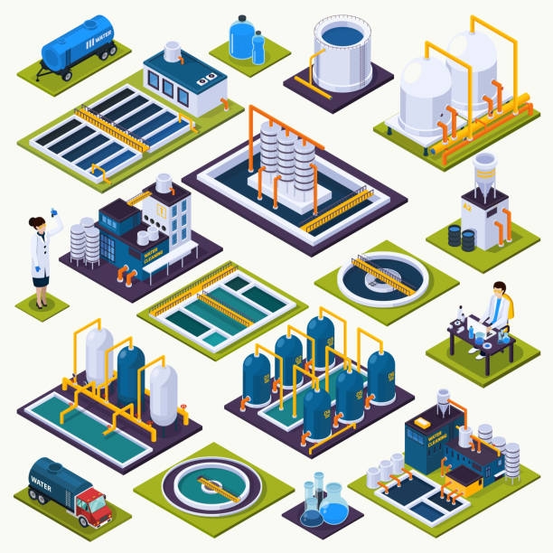 ilustrações, clipart, desenhos animados e ícones de água limpeza de águas residuais tratamento de purificação de ícones isométricos da planta - águas residuais