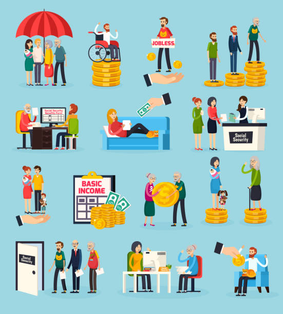 ilustraciones, imágenes clip art, dibujos animados e iconos de stock de seguro social desempleo beneficios ingresos incondicionales ortogonal - paro