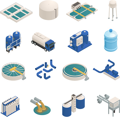 Water purification technology elements isometric icons collection with wastewater cleaning filtration and pumping units isolated vector illustration