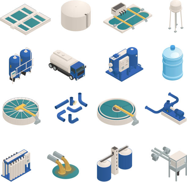 water cleaning wastewater treatment purification plant isometric icons Water purification technology elements isometric icons collection with wastewater cleaning filtration and pumping units isolated vector illustration reservoir stock illustrations