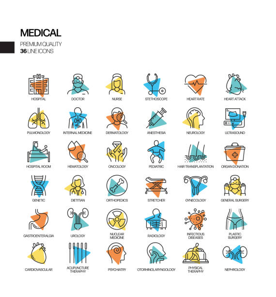 ilustraciones, imágenes clip art, dibujos animados e iconos de stock de conjunto simple de iconos de línea vectorial de spotlight relacionados con la salud y médica. colección de símbolos de esquema. - kidney cancer