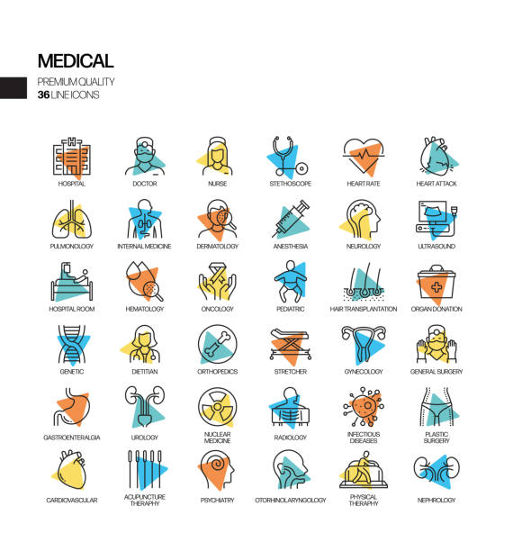 ilustrações, clipart, desenhos animados e ícones de conjunto simples de ícones da linha de vetor de holofotes médicos e relacionados à saúde. coleção símbolo de contorno. - kidney cancer