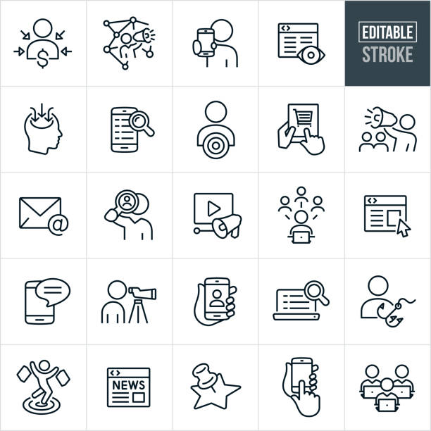 Digital Marketing Thin Line Icons - Editable Stroke A set of digital marketing icons that include editable strokes or outlines using the EPS vector file. The icons include marketers doing different marketing, social media, person holding smartphone, website, internet search, SEO, target market, customer shopping online, person with a bullhorn, email, video, texting, target shopper, PR, online news and other marketing related icons. impulse shopping stock illustrations