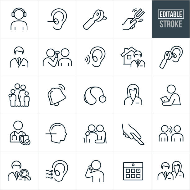 Audiology Thin Line Icons - Editable Stroke A set of audiology icons that include editable strokes or outlines using the EPS vector file. The icons include an audiologist, patient getting a hearing text, human ear, otoscope, tuning fork, doctor, medical exam, family, hearing aid, nurse, listening ear, doctor search, person talking on a mobile phone, calendar and other related icons. patient symbols stock illustrations