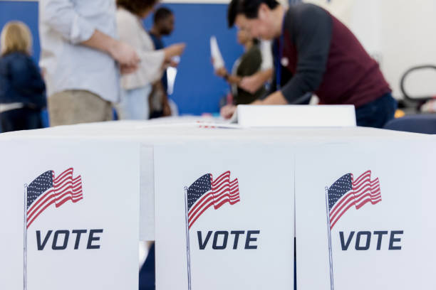 istock Focus on voting posters; people in background sign up 1203196307