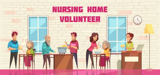 Vector illustration of help eldderly people volunteers nursing home horizontal illustration