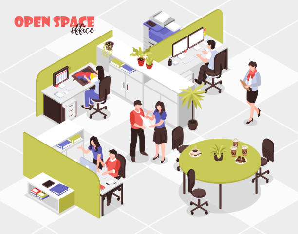isometric advertising agency open space cubicle office workplaces illustration People working in big open spare office in advertising agency 3d isometric vector illustration corporate office cubicle stock illustrations