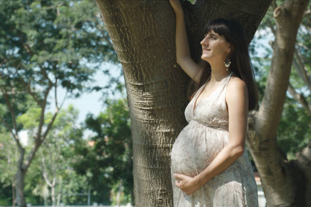 Happy pregnant woman leaning hand on the tree and touching her big tummy Image of happy woman expecting child touching her big belly. Happy pregnant European woman with big tummy is relaxing. Pregnancy, motherhood, people and expectation concept. Complete family. olivia mum stock pictures, royalty-free photos & images