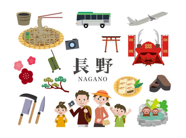 ilustraciones, imágenes clip art, dibujos animados e iconos de stock de hacer turismo en nagano, japón - prefectura de nagano
