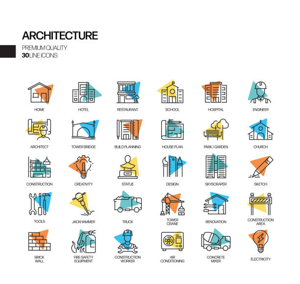 illustrations, cliparts, dessins animés et icônes de simple ensemble d'architecture liées spotlight vector line icônes. collection de symboles de contour. - interior designer