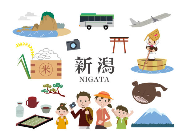 ilustrações, clipart, desenhos animados e ícones de passeios turísticos em niigata, japão - niiagata