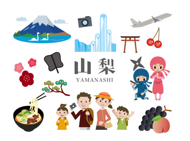 ilustraciones, imágenes clip art, dibujos animados e iconos de stock de hacer turismo en yamanashi, japón - prefectura de yamanashi