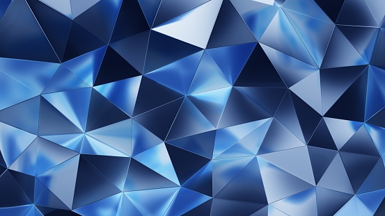 Abstract 3d rendering of blue crystal surface. Futuristic background with lines and low poly triangle shape. High resolution 8k.